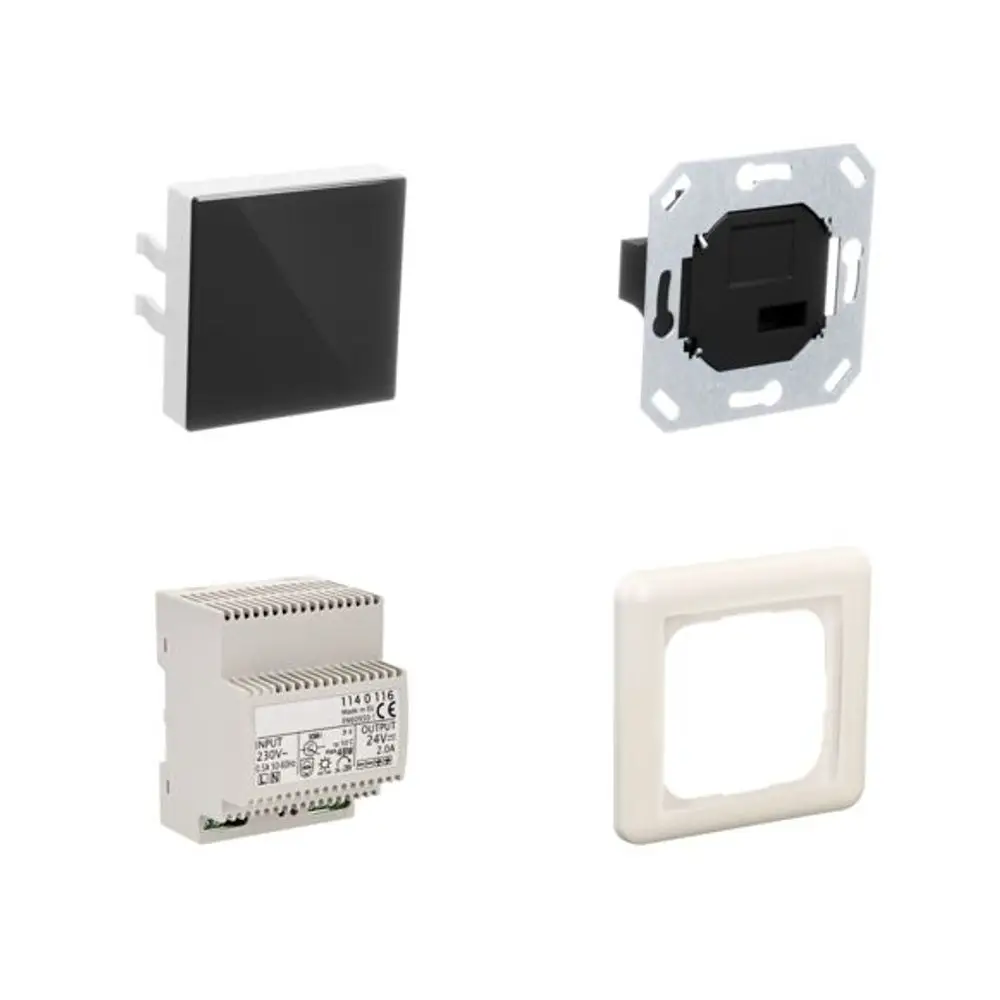 Steuerungs-Set von Stiebel Eltron mit verschiedenen Komponenten, einschließlich eines Bedienfelds, einer Montageplatte und eines Netzteils.